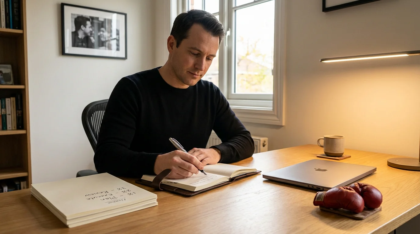 Disziplinierter Sportwetter plant seine Einsätze mit Notizbuch und Stift am Schreibtisch