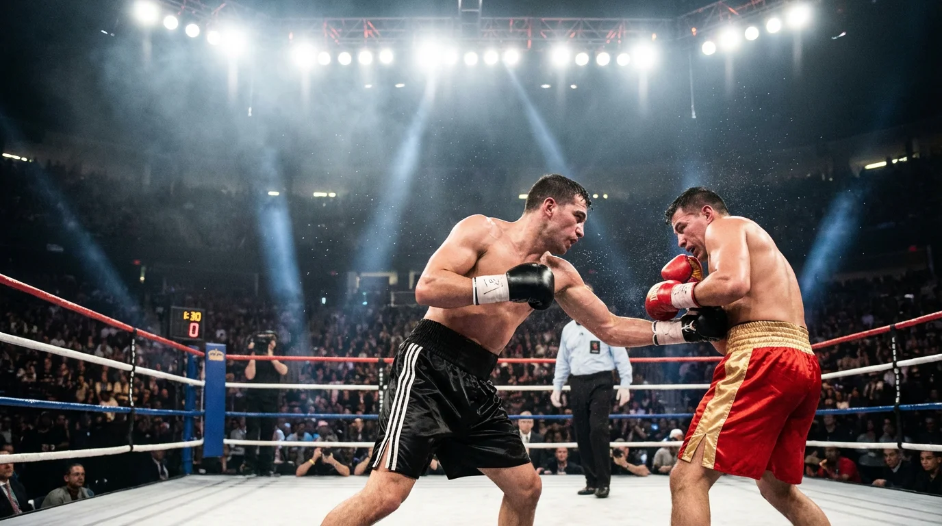 Boxkampf im vollen Gang unter hellem Scheinwerferlicht mit Publikum – Boxen Livewetten und Echtzeit-Signale