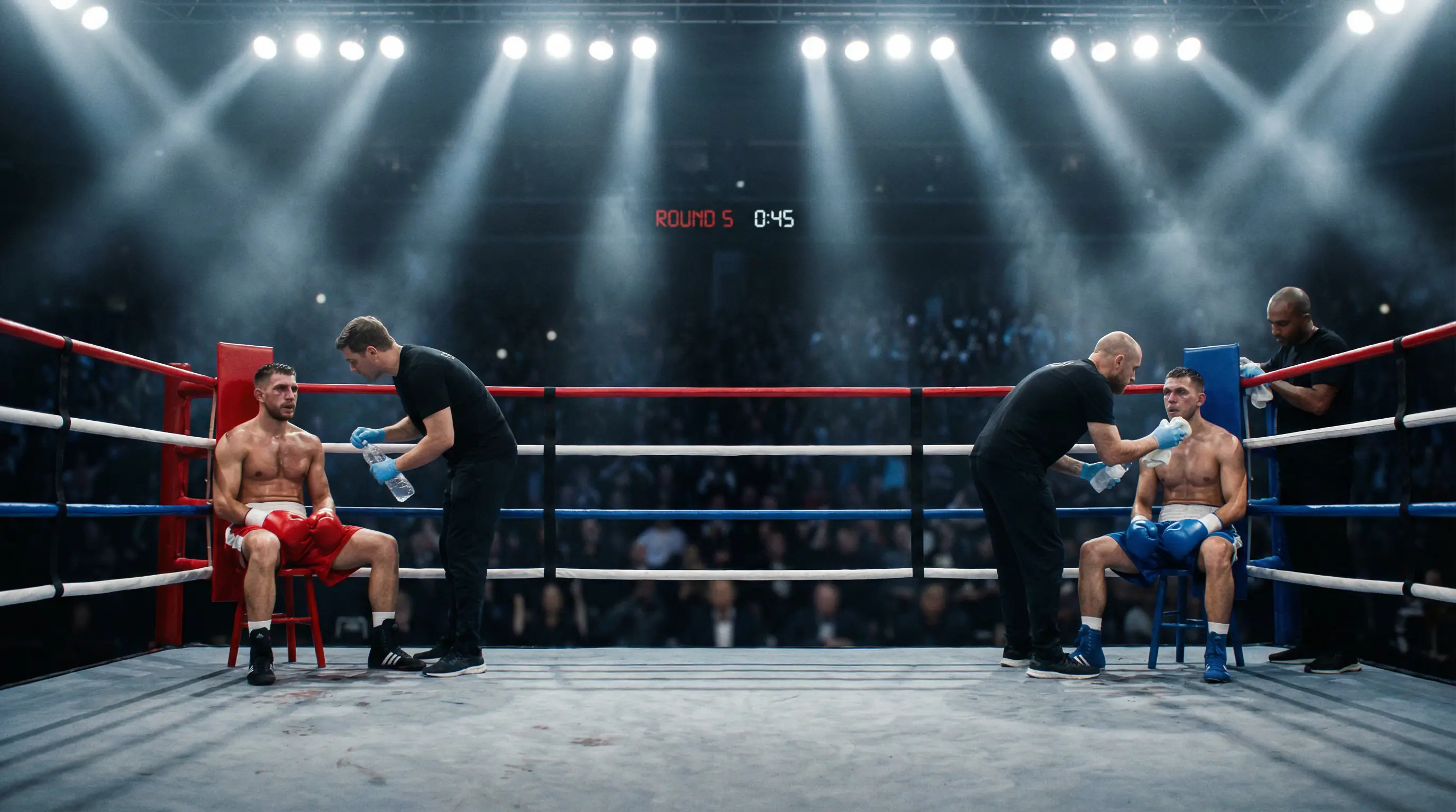 Boxer im Ring während einer Rundenpause bei einem professionellen Boxkampf unter Scheinwerferlicht