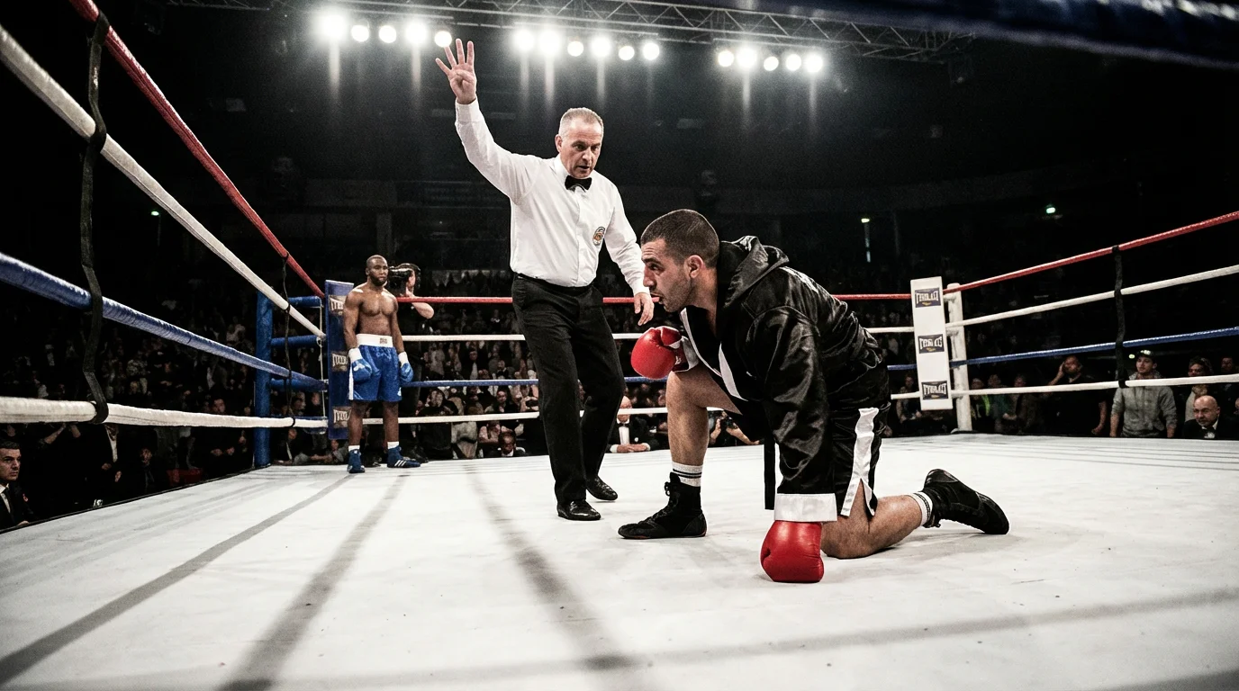 Ringrichter zählt einen am Boden liegenden Boxer an während eines professionellen Boxkampfes