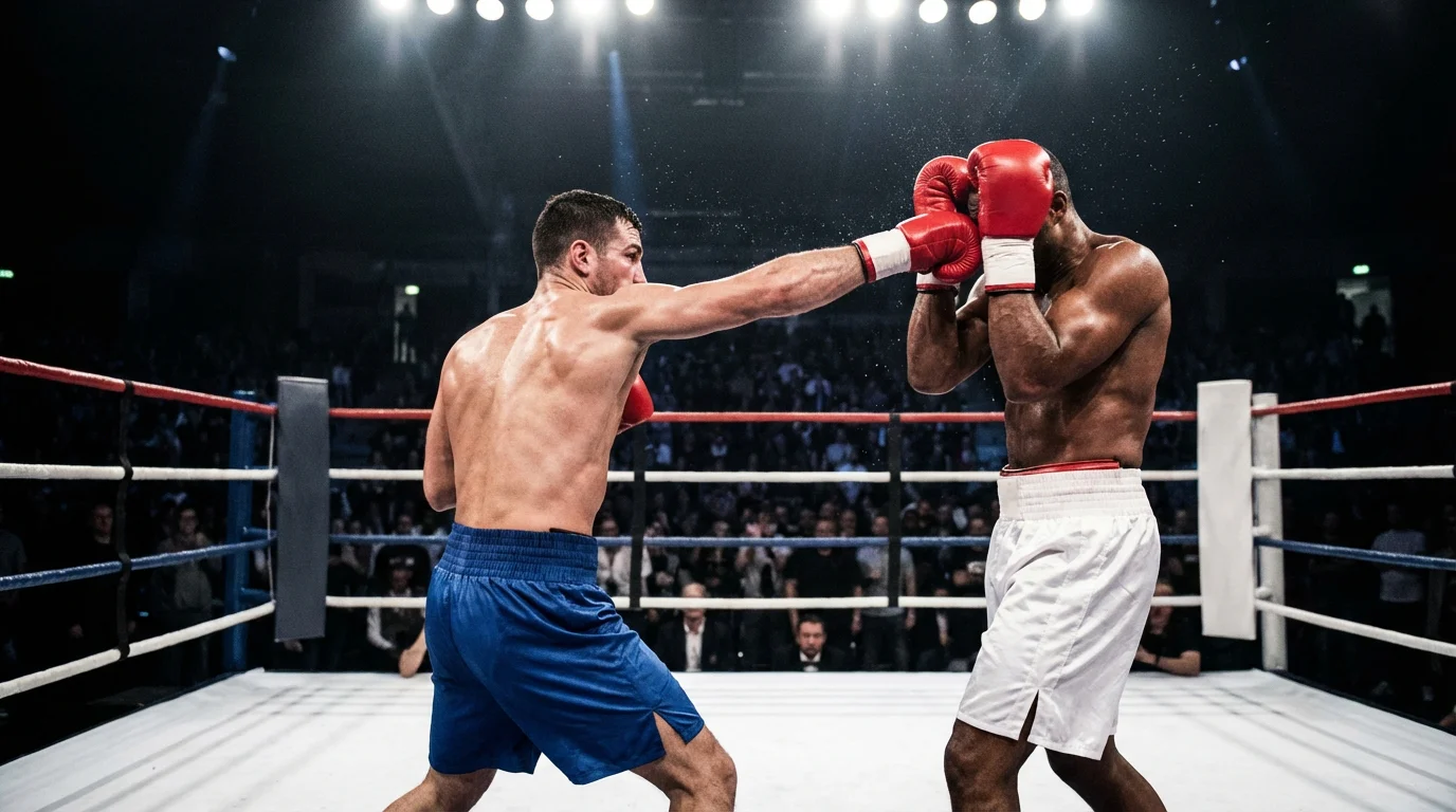 Boxring mit zwei Boxern im Nahkampf unter Scheinwerferlicht – Übersicht aller Boxen Wettarten