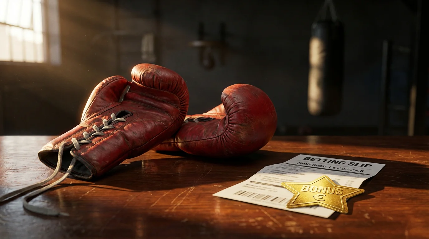 Rote Boxhandschuhe auf einem Tisch neben einem Wettschein mit Bonussymbol