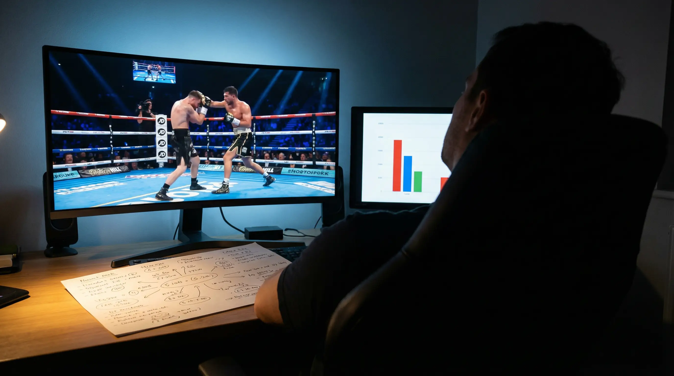 Boxerstatistik richtig nutzen – Analyst betrachtet Boxkampf-Video neben handschriftlichen Statistik-Notizen