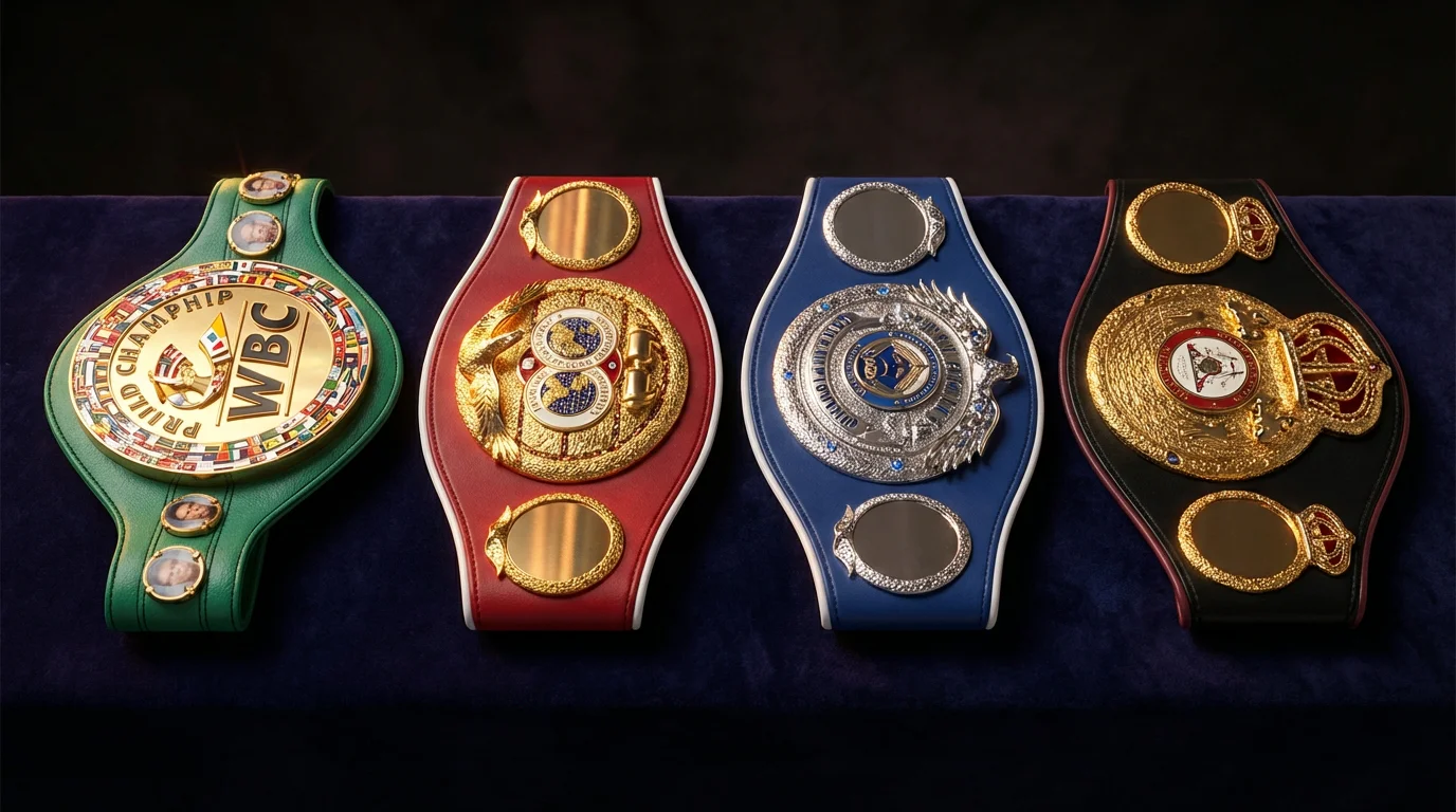 Vier Boxmeisterschaftsgürtel nebeneinander auf einem Ringtuch – WBA, WBC, IBF, WBO erklärt