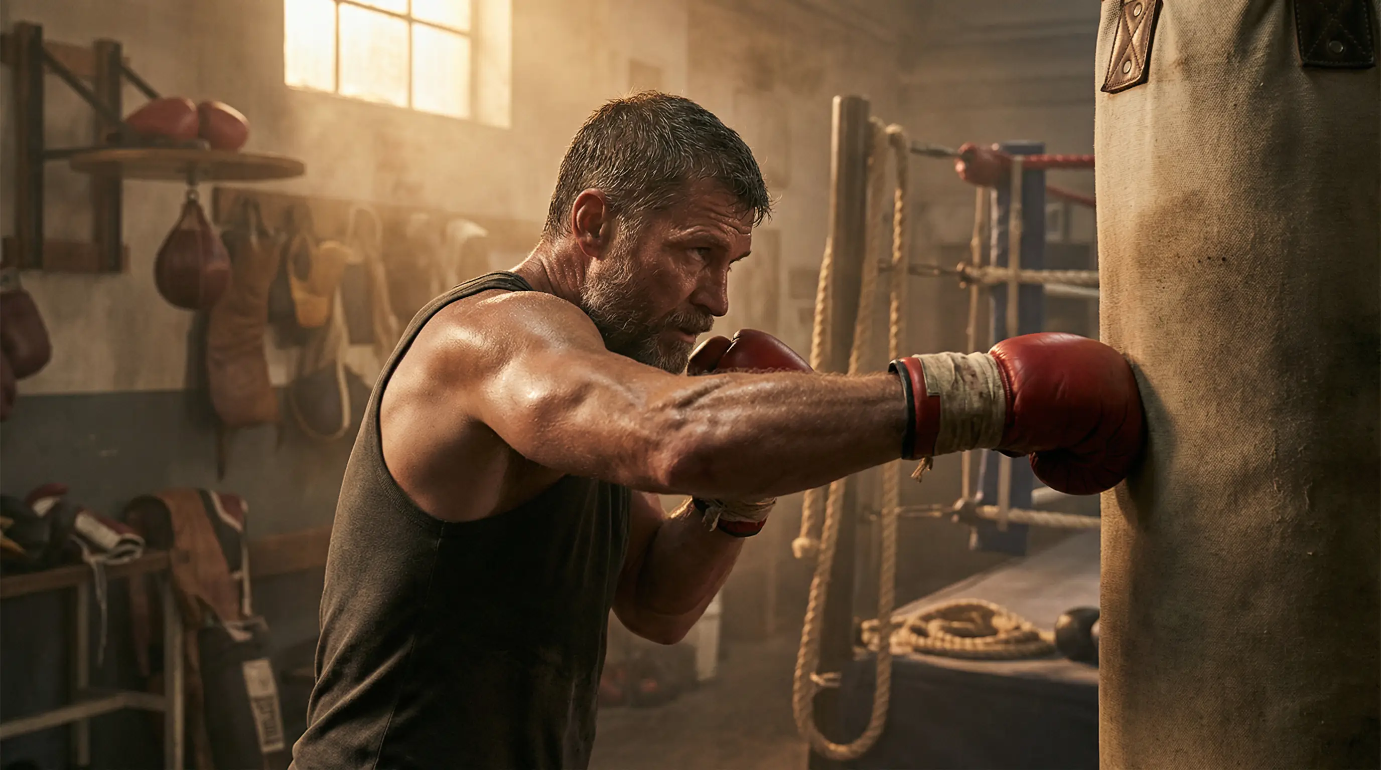 Boxer trainiert konzentriert am Sandsack im Trainingscamp