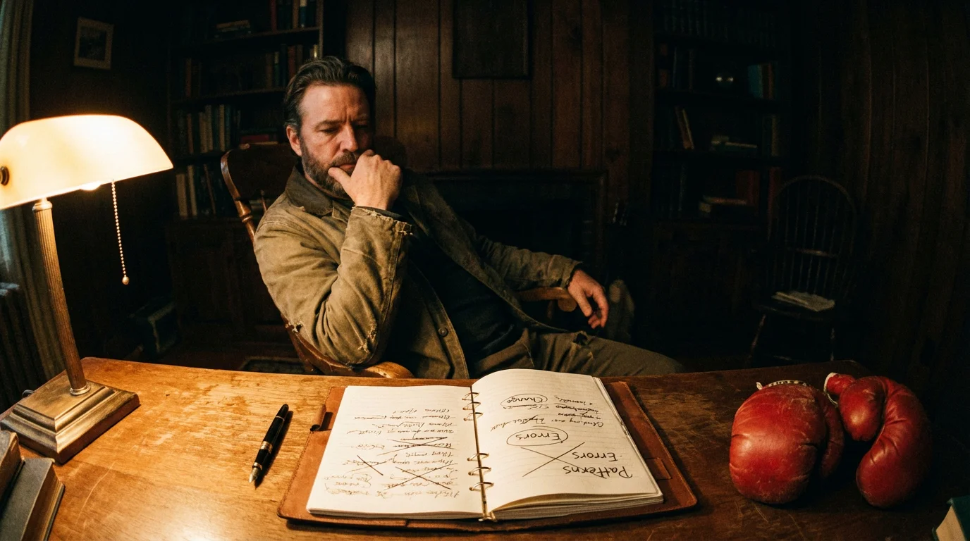 Nachdenklicher Sportwetter analysiert seine vergangenen Wettentscheidungen am Schreibtisch