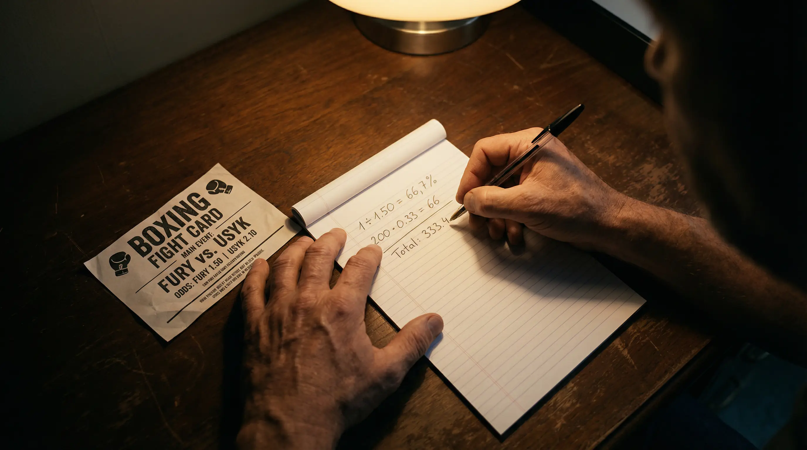 Implizierte Wahrscheinlichkeit bei Boxwetten – Mann analysiert Boxquoten an einem Schreibtisch mit Notizen