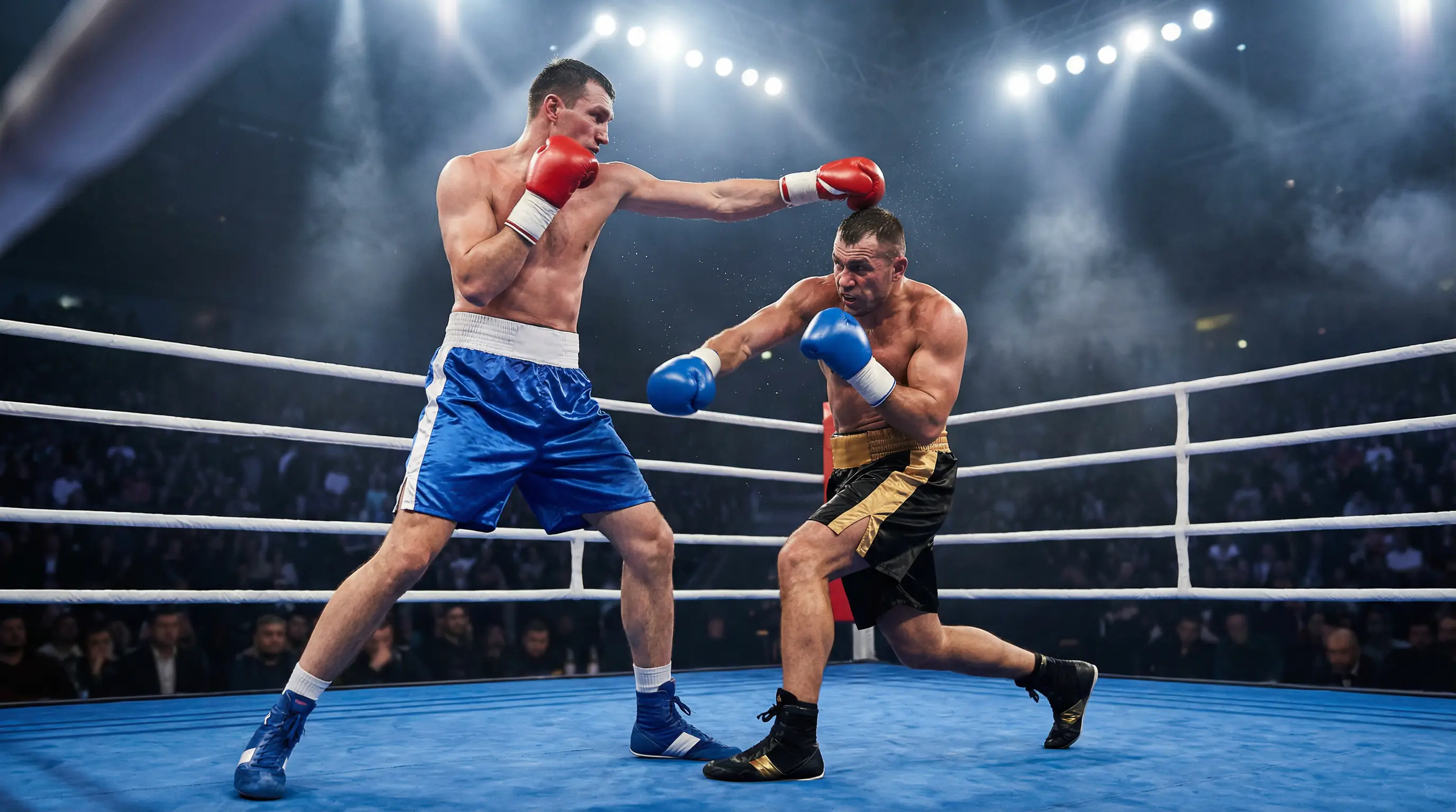 Kampfstile im Boxen – Zwei Boxer mit unterschiedlichen Kampfstilen im Ring unter Scheinwerferlicht