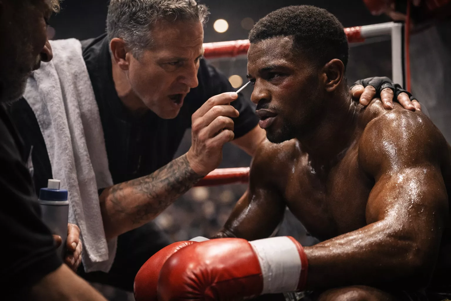 Nahaufnahme eines Boxers mit sichtbaren Kampfspuren und Schweiss im Ringlicht