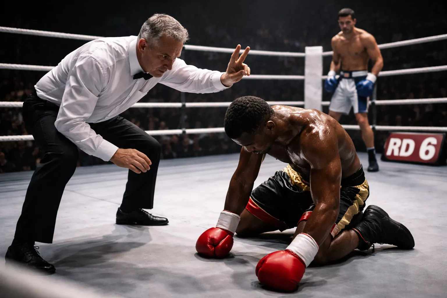 Ringrichter zählt einen am Boden liegenden Boxer an – Rundenwette beim Boxen