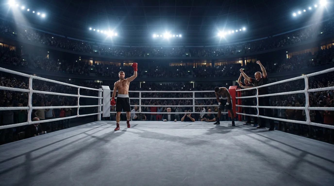 Boxer im Ring nach einem Sieg mit erhobenem Arm – Siegwette beim Boxen