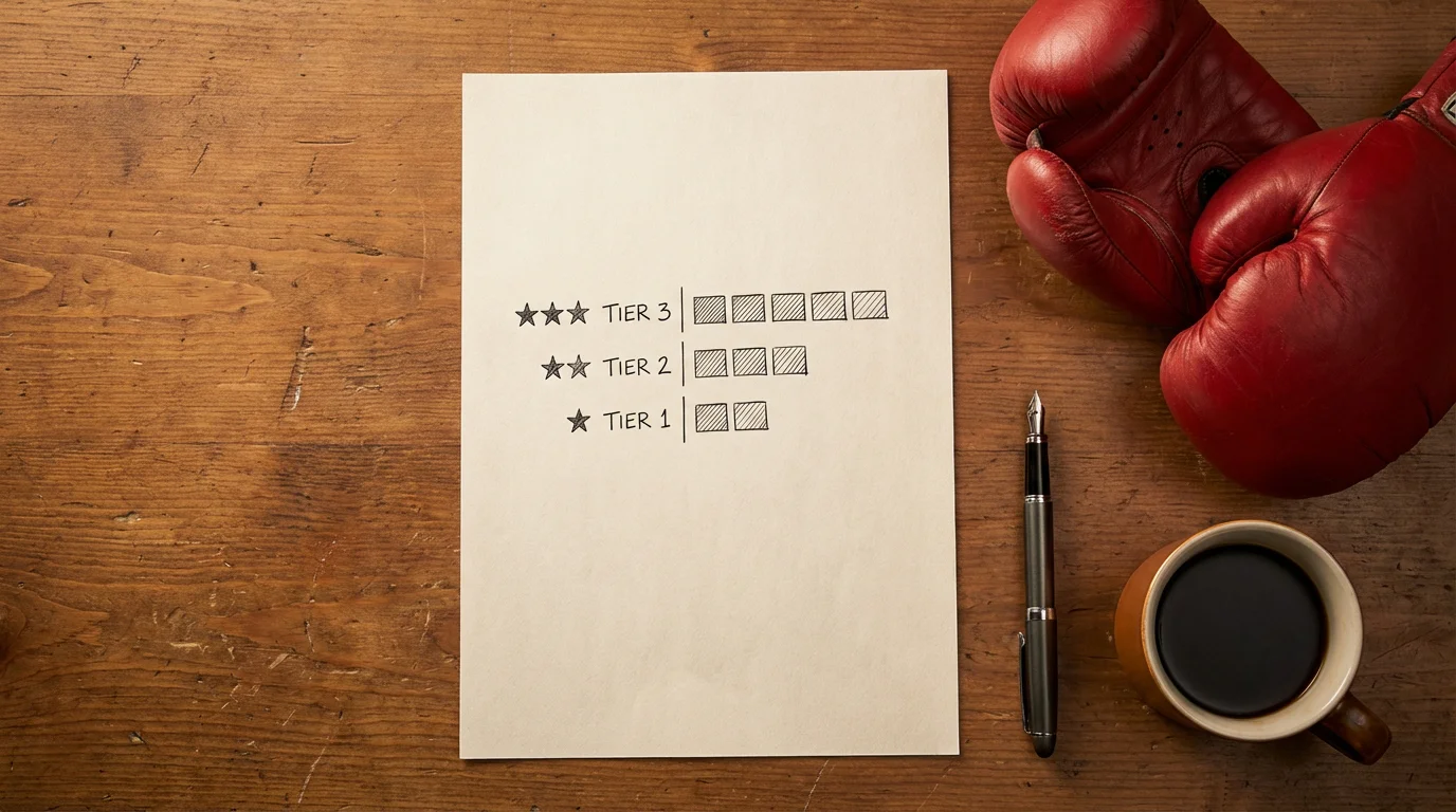 Strukturierter Wettplan mit verschiedenen Einsatzstufen auf einem Schreibtisch neben Boxhandschuhen