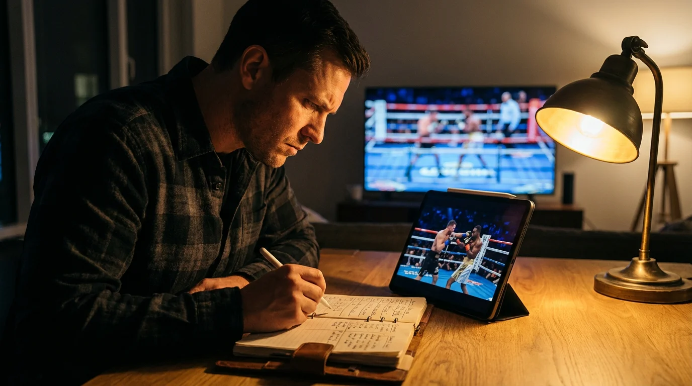 Value Betting Boxen – Fokussierter Wetter studiert Boxkampf-Analyse mit Stift und Notizbuch