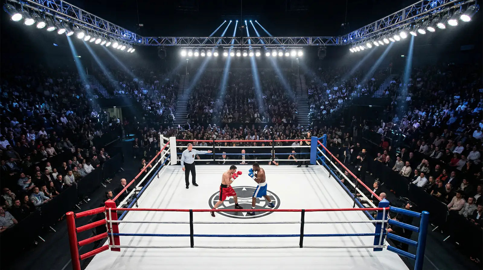 Professioneller Boxring von oben mit zwei Boxern und Ringrichter unter Arenabeleuchtung