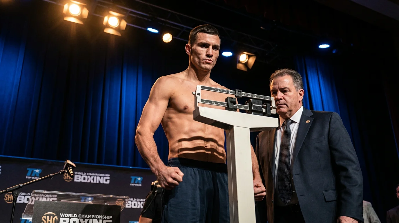 Boxer steht auf der Waage beim offiziellen Wiegen vor einem Boxkampf